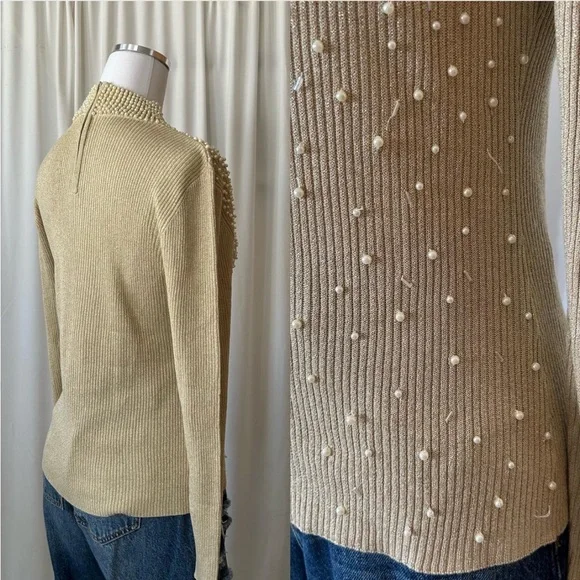 Vintage Silk Belldini Pearl Embellished Metallic Ribbed Mock neck sweater large - Picture 6 of 8